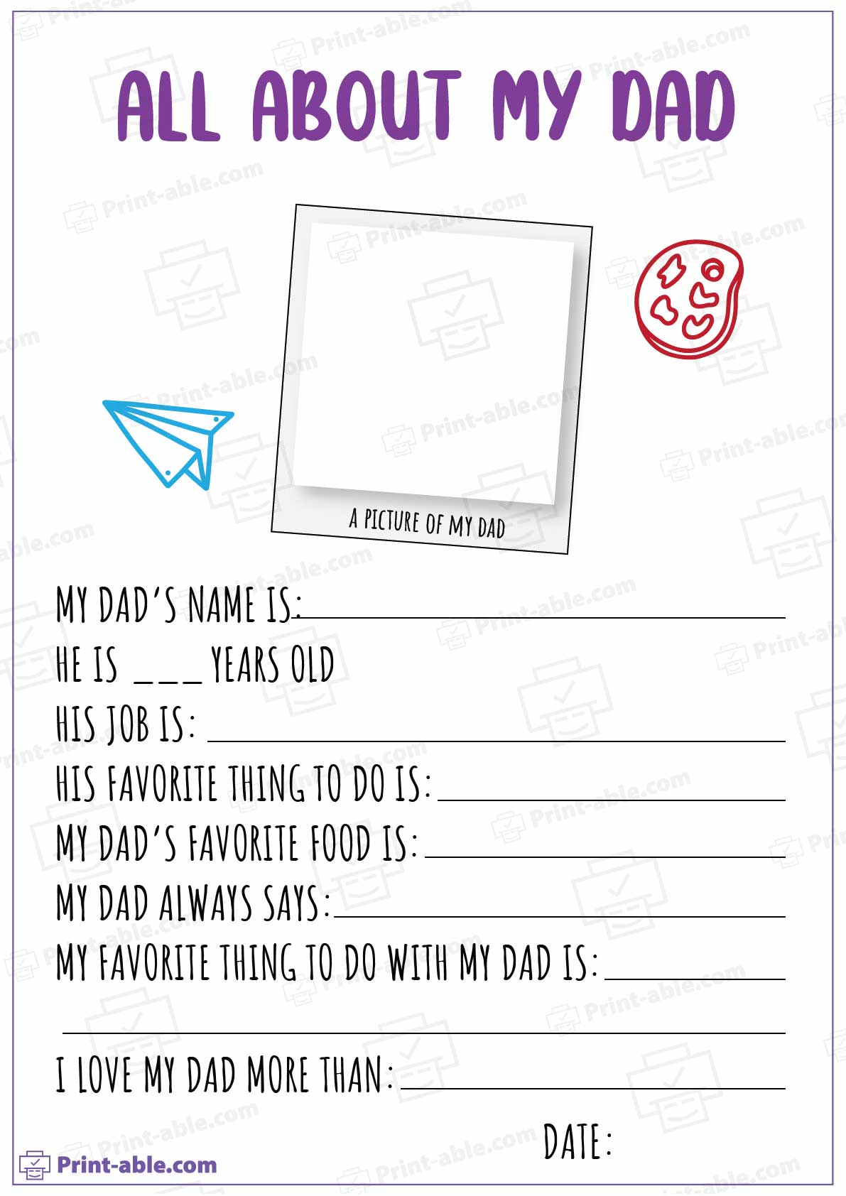 All About My Dad Printable