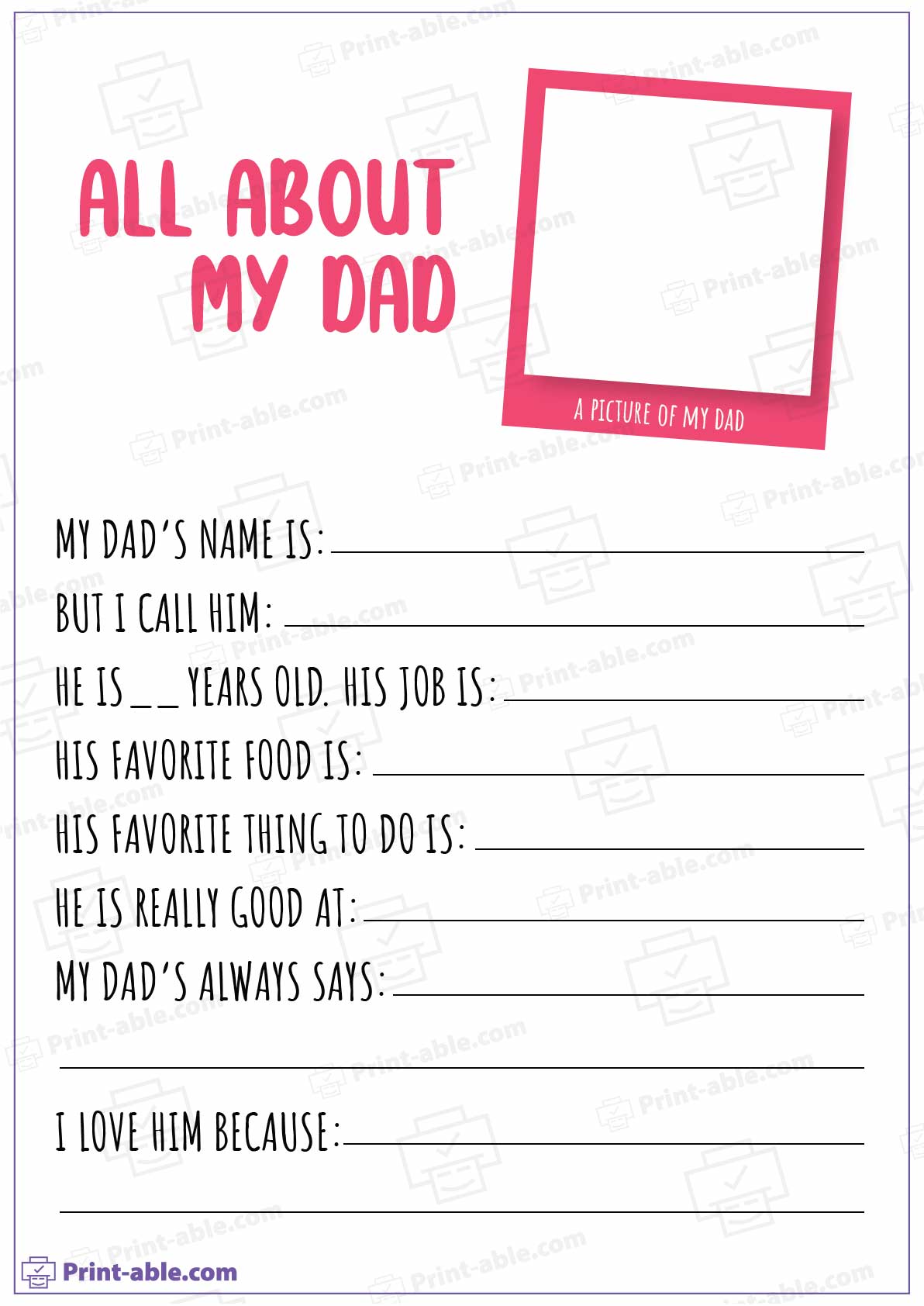 All About My Dad Printable