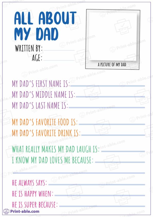 All About My Dad Printable