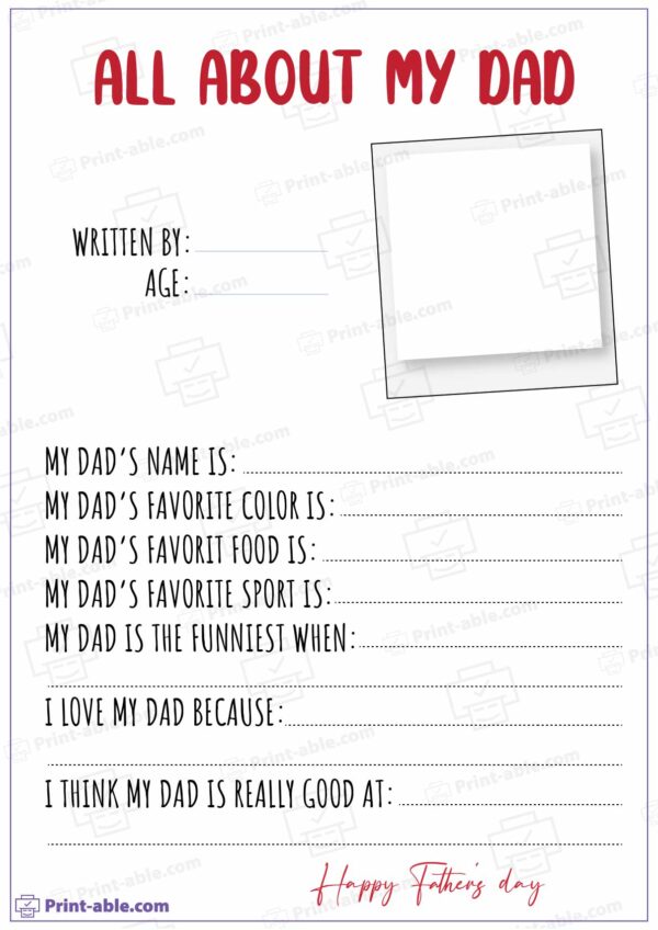 All About My Dad Printable