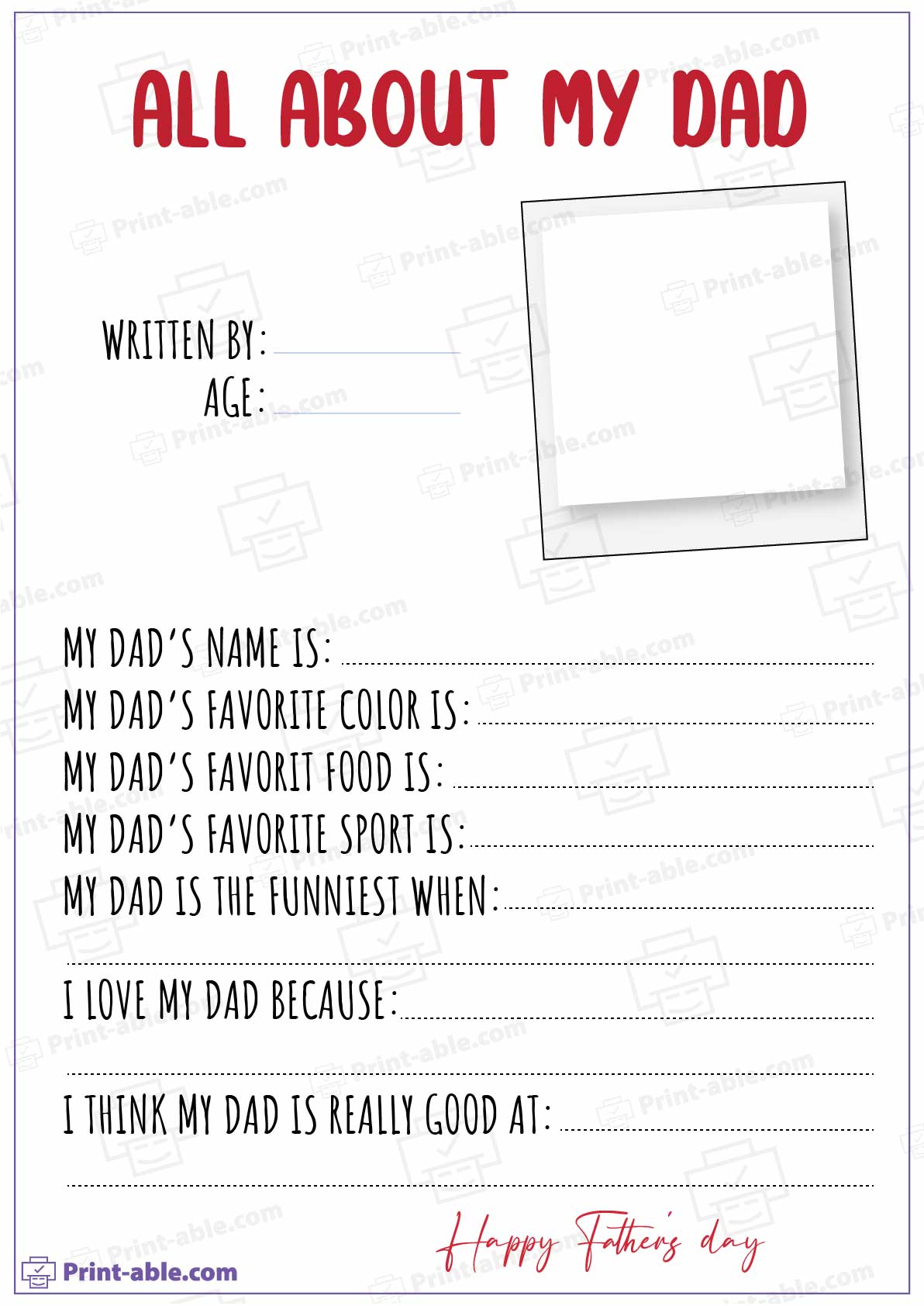 All About My Dad Printable