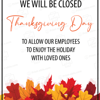 Closed Sign For Thanksgiving Printable