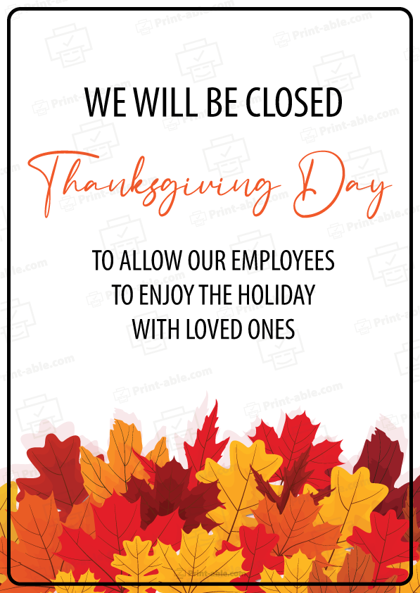 Closed Sign For Thanksgiving Printable