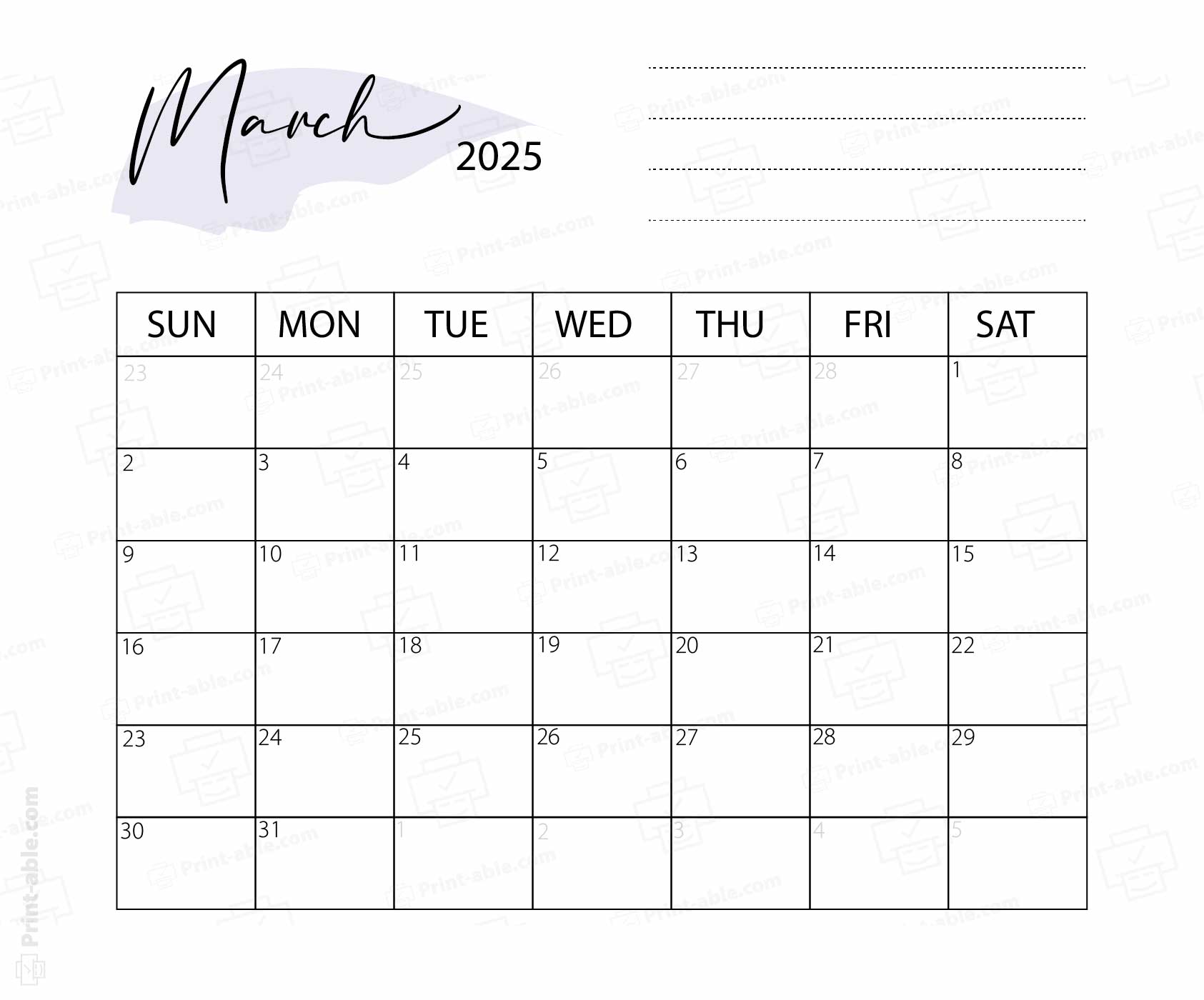 March 2025 Calendar Printable