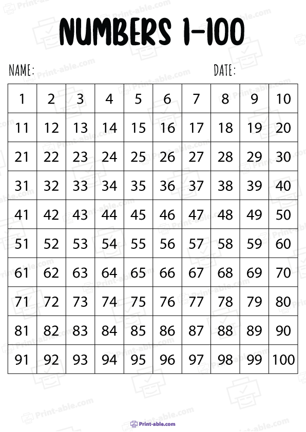 Hundreds Chart Printable