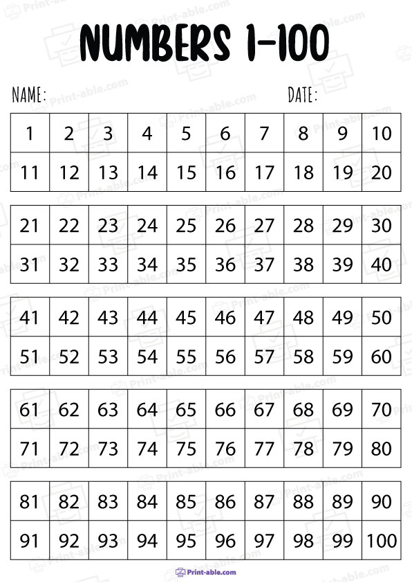 Hundreds Chart Printable
