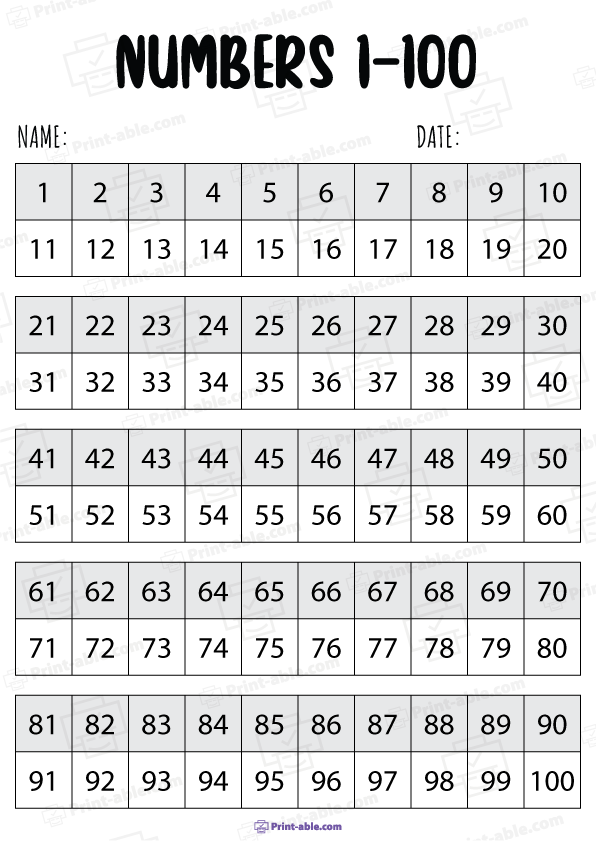 Hundreds Chart Printable