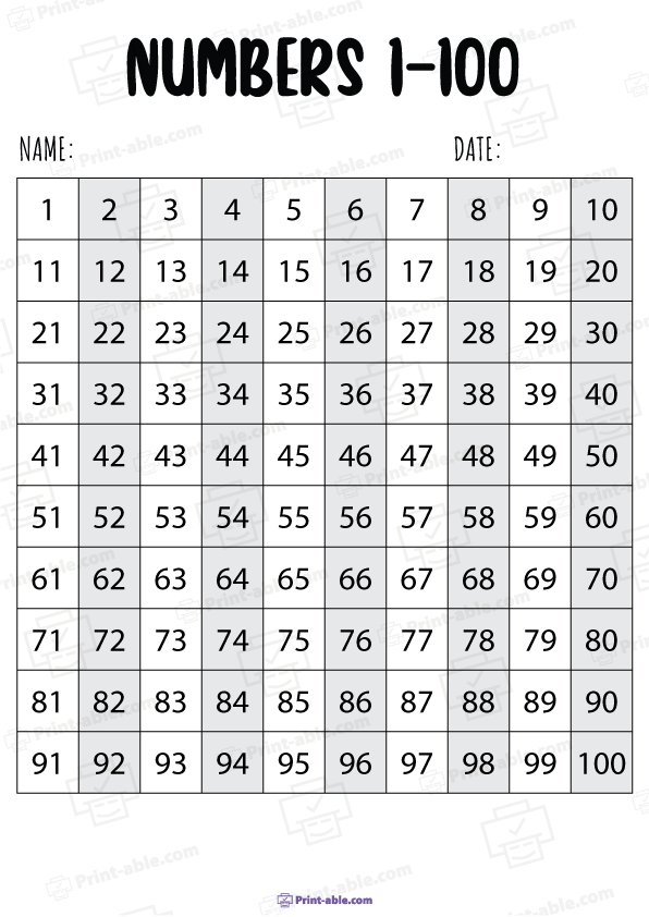 Hundreds Chart Printable