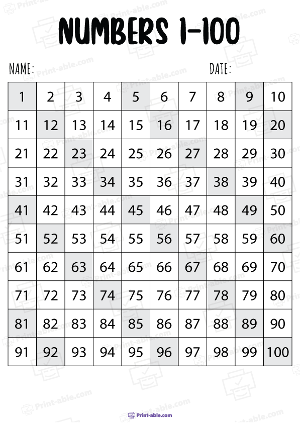 Hundreds Chart Printable
