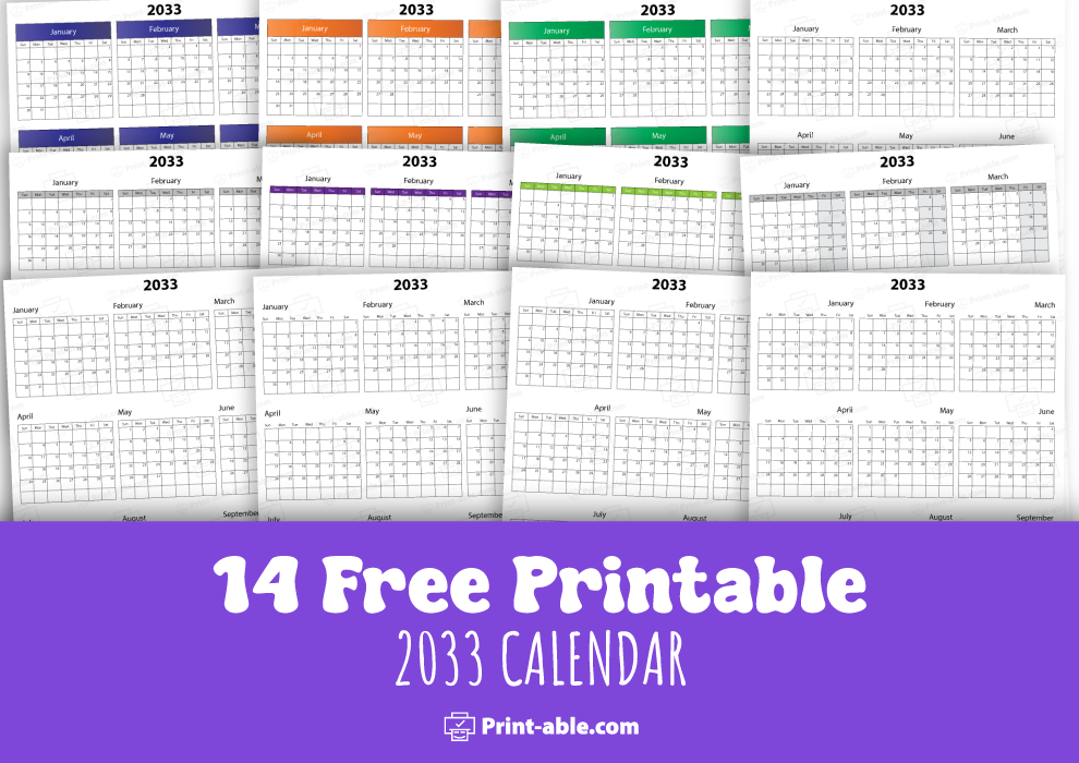 2033 Calendar printable free download