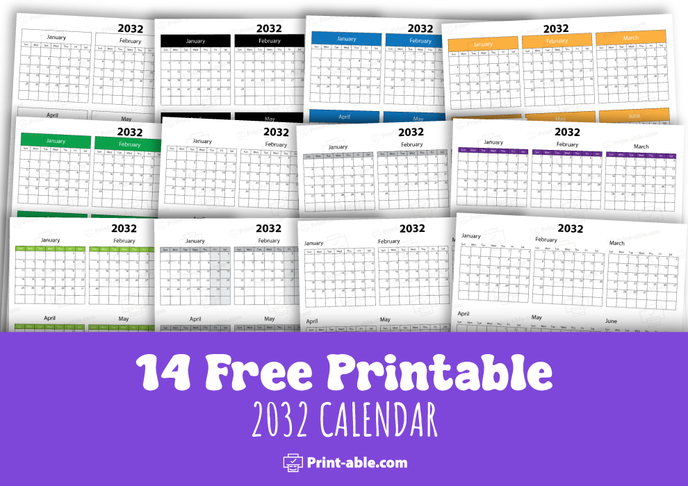 2032 calendar printable free download