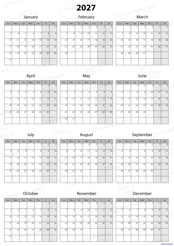2027 Calendar Printable Free Download