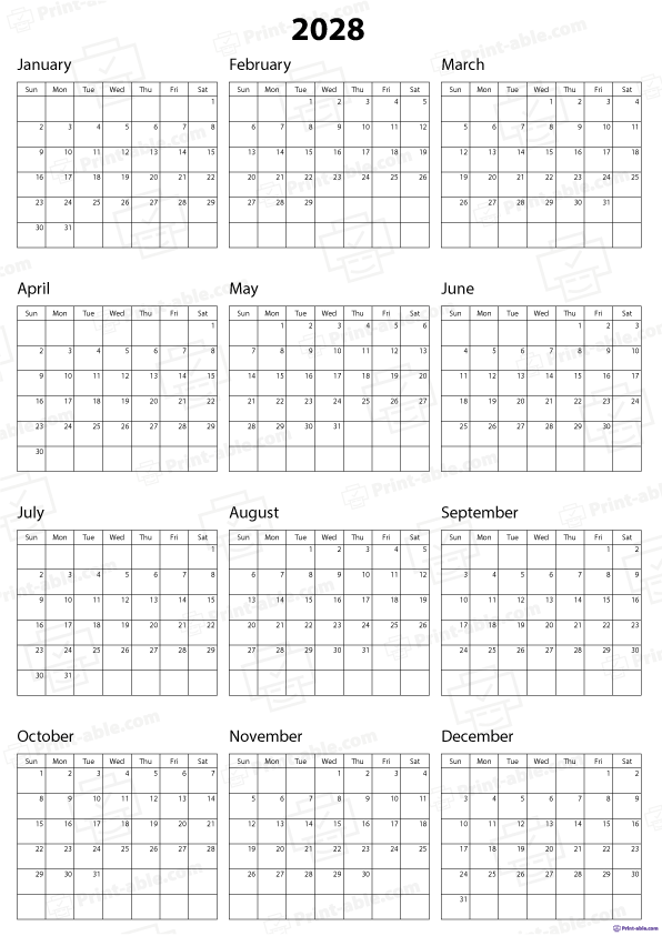 2028 Calendar Printable Free Download
