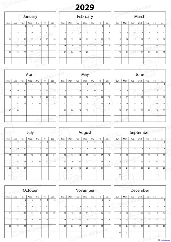 2029 Calendar Printable Free Download