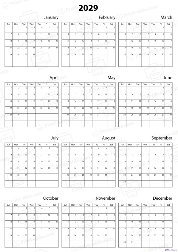 2029 Calendar Printable Free Download