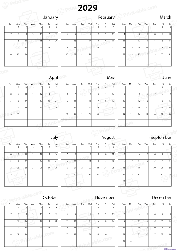 2029 Calendar Printable Free Download