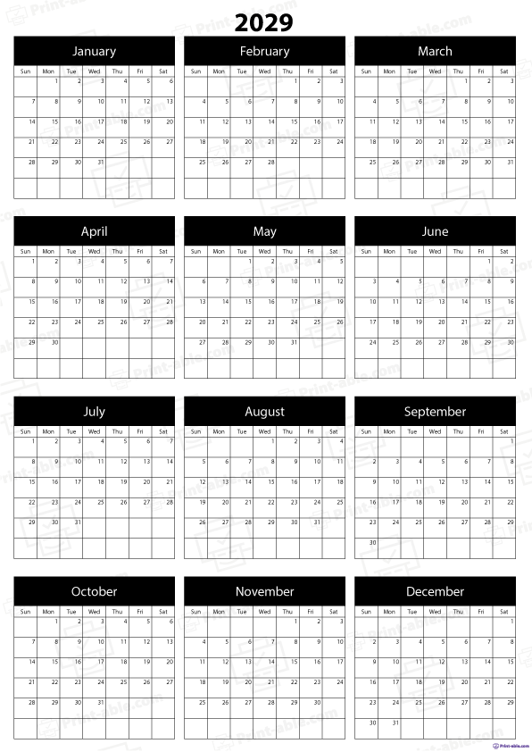 2029 Calendar Printable Free Download