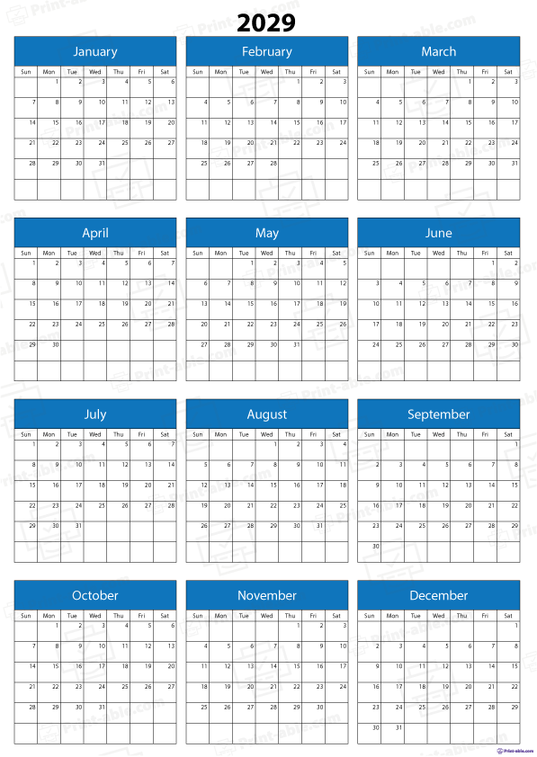 2029 Calendar Printable Free Download