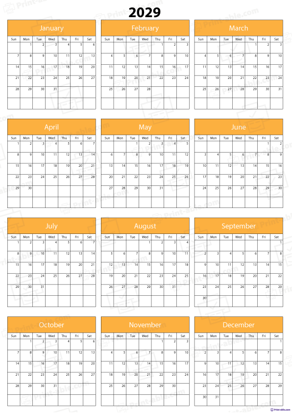 2029 Calendar Printable Free Download