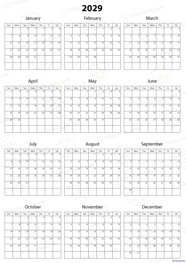 2029 Calendar Printable Free Download
