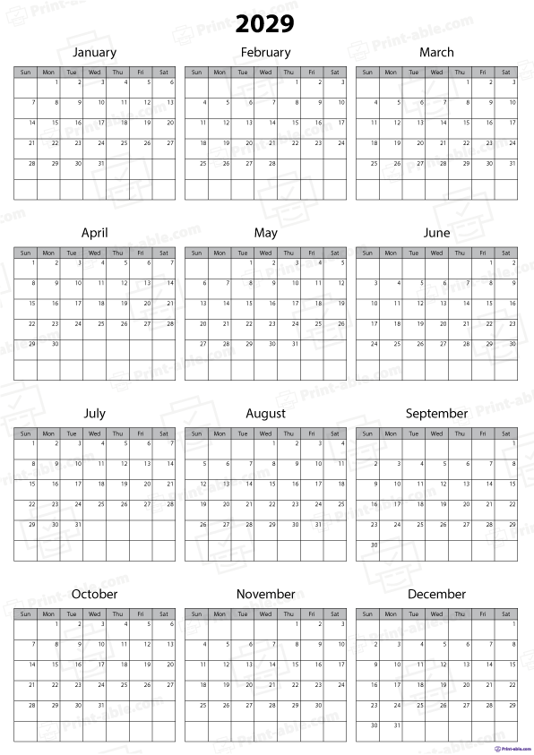2029 Calendar Printable Free Download