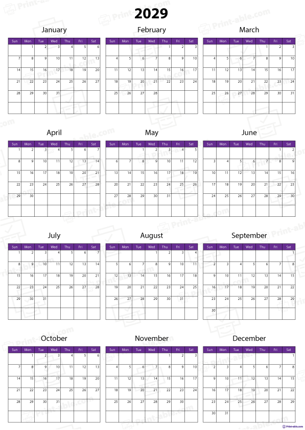 2029 Calendar Printable Free Download