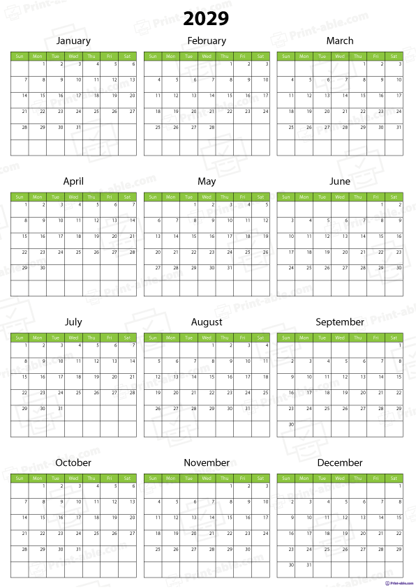 2029 Calendar Printable Free Download