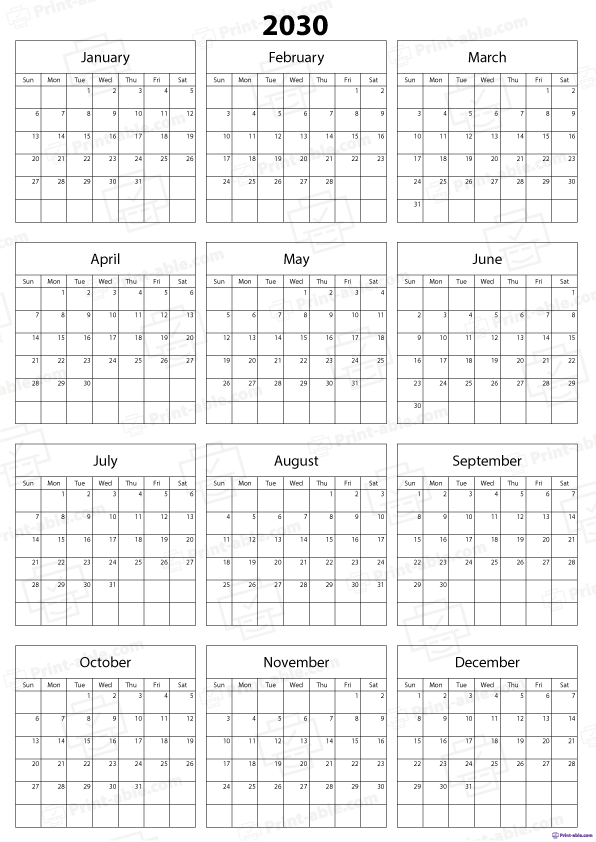 2030 Calendar Printable Free Download
