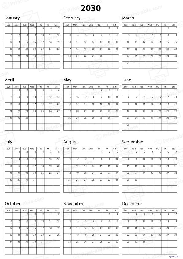 2030 Calendar Printable Free Download