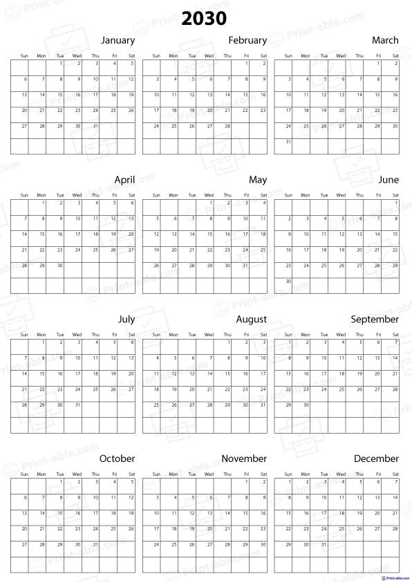 2030 Calendar Printable Free Download