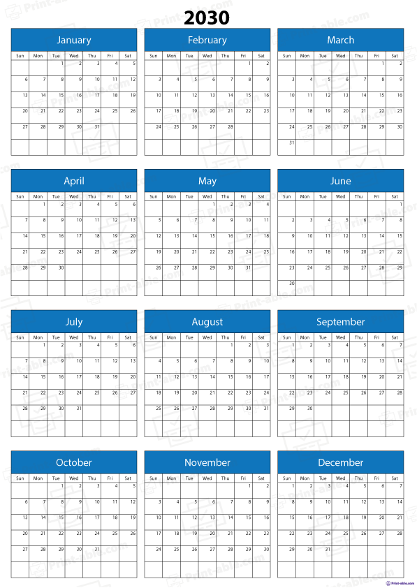 2030 Calendar Printable Free Download