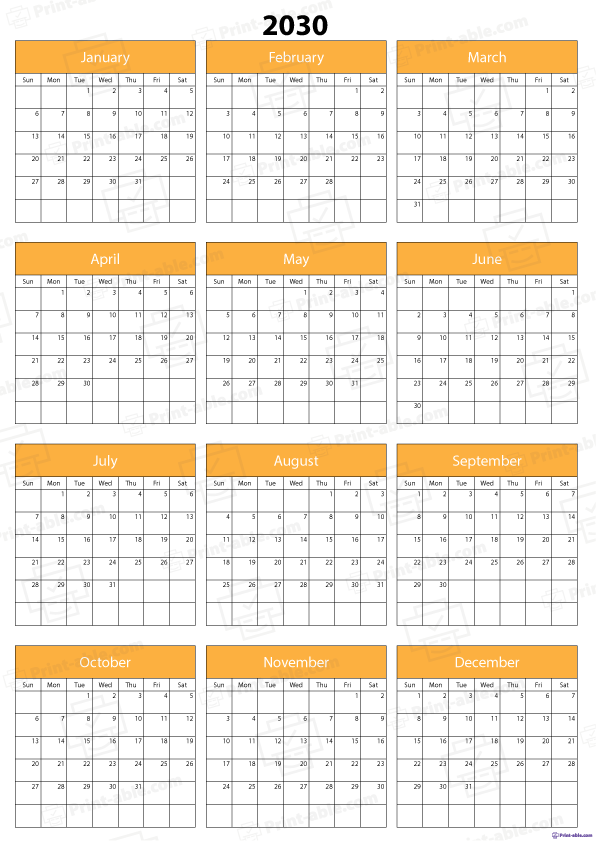 2030 Calendar Printable Free Download