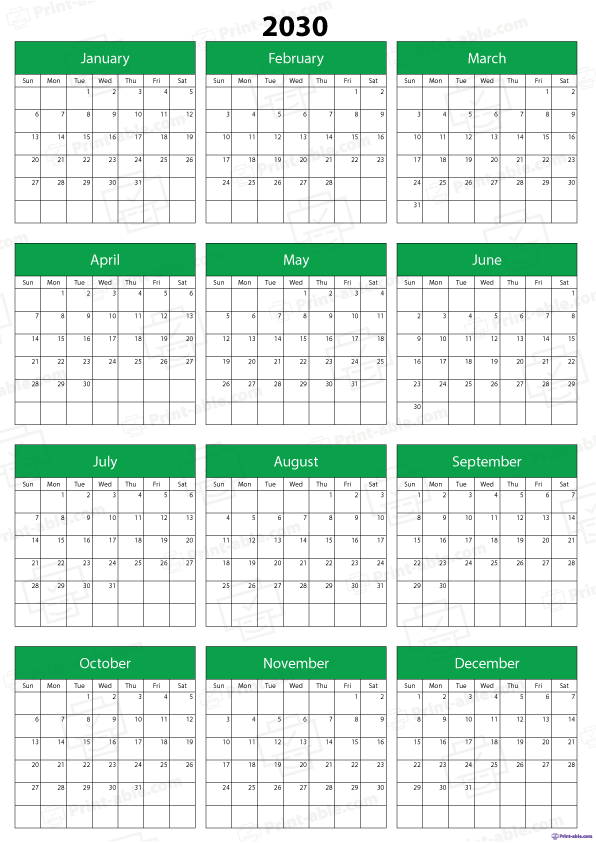 2030 Calendar Printable Free Download