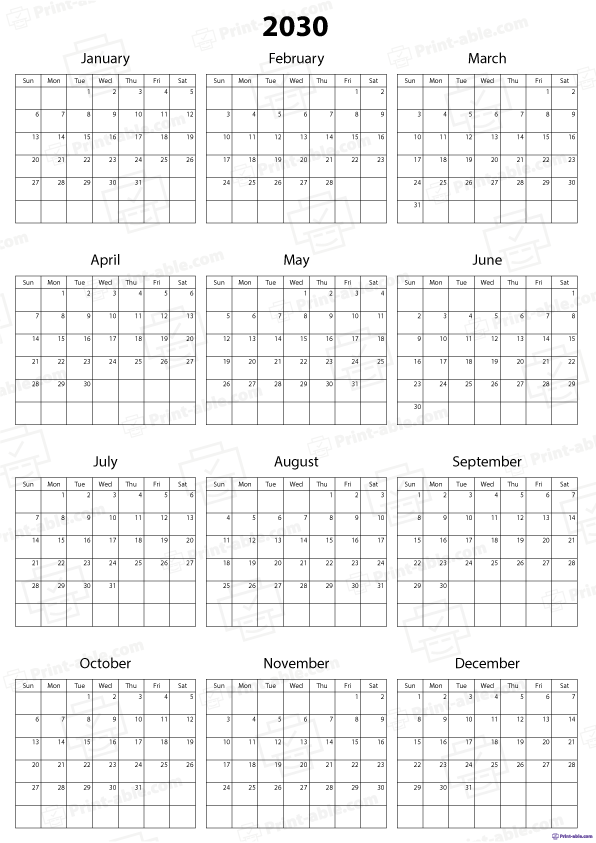 2030 Calendar Printable Free Download