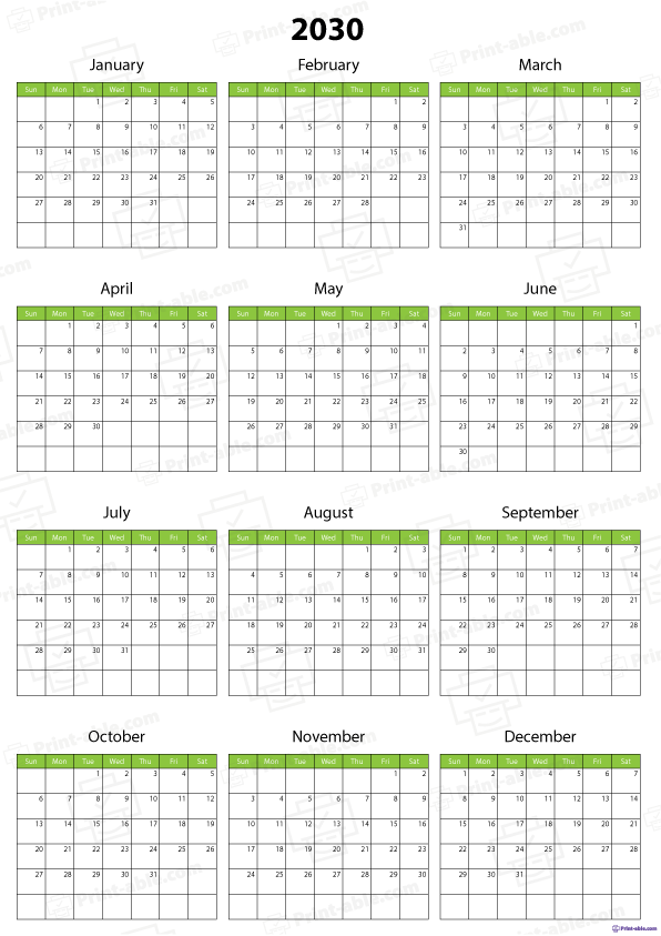 2030 Calendar Printable Free Download