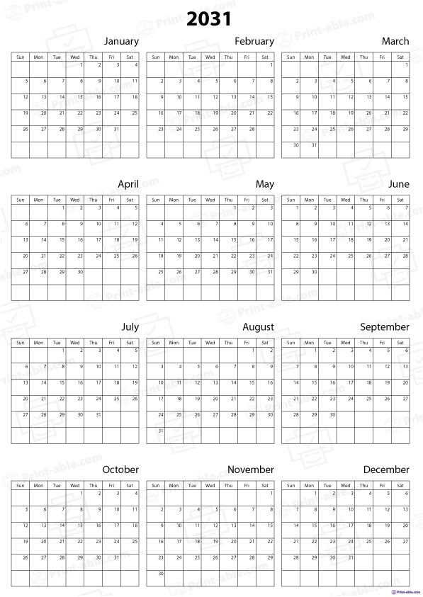 2031 Calendar Printable Free Download
