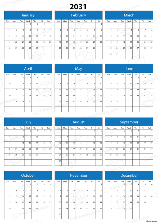 2031 Calendar Printable Free Download