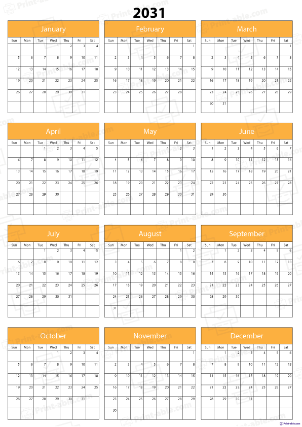 2031 Calendar Printable Free Download