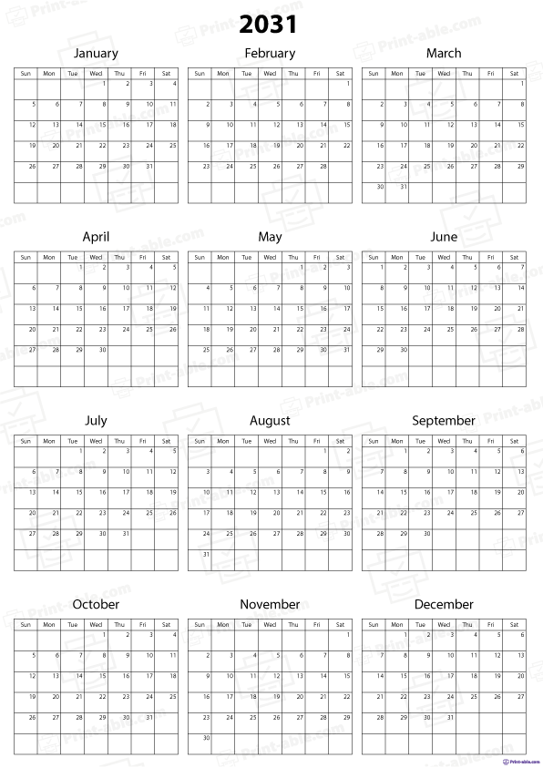 2031 Calendar Printable Free Download