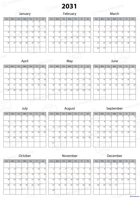 2031 Calendar Printable Free Download