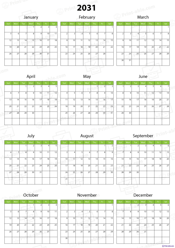 2031 Calendar Printable Free Download