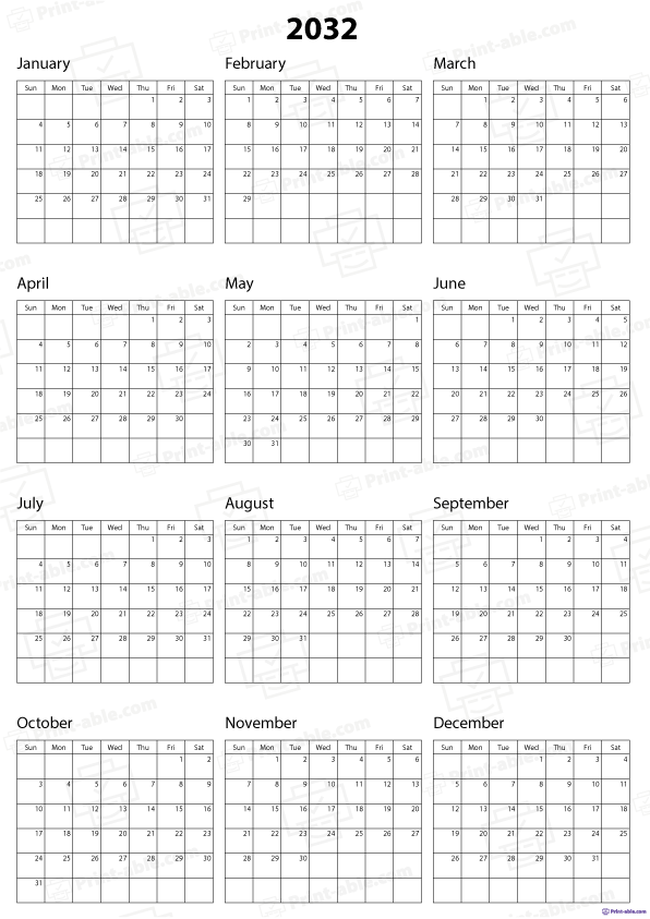 2032 Calendar Printable Free Download