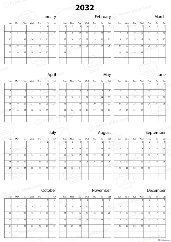 2032 Calendar Printable Free Download