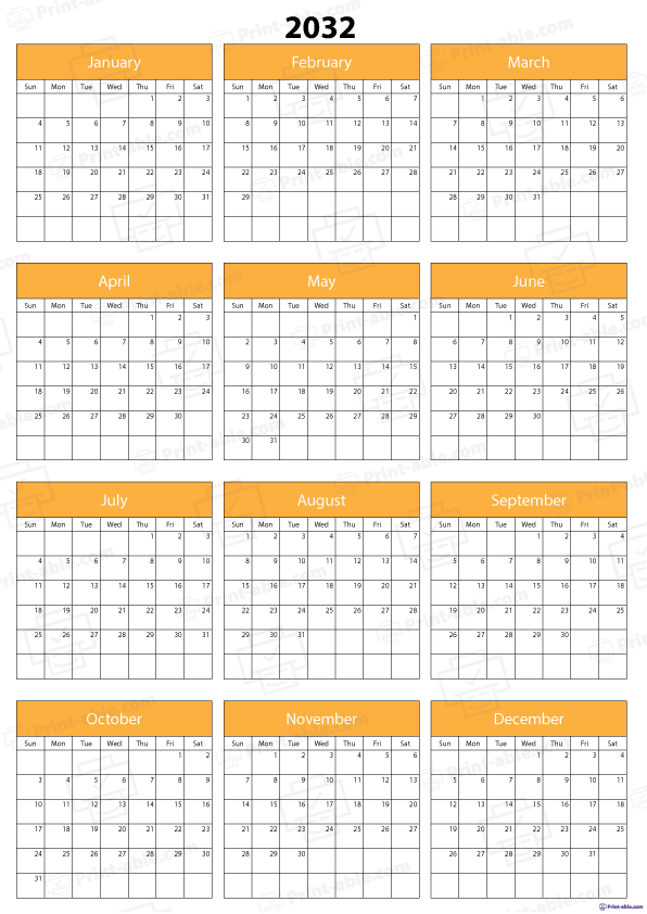2032 Calendar Printable Free Download