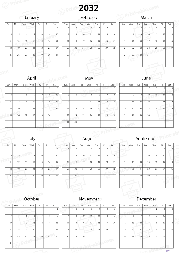 2032 Calendar Printable Free Download
