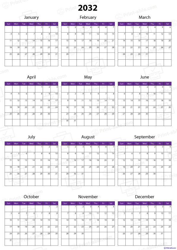 2032 Calendar Printable Free Download