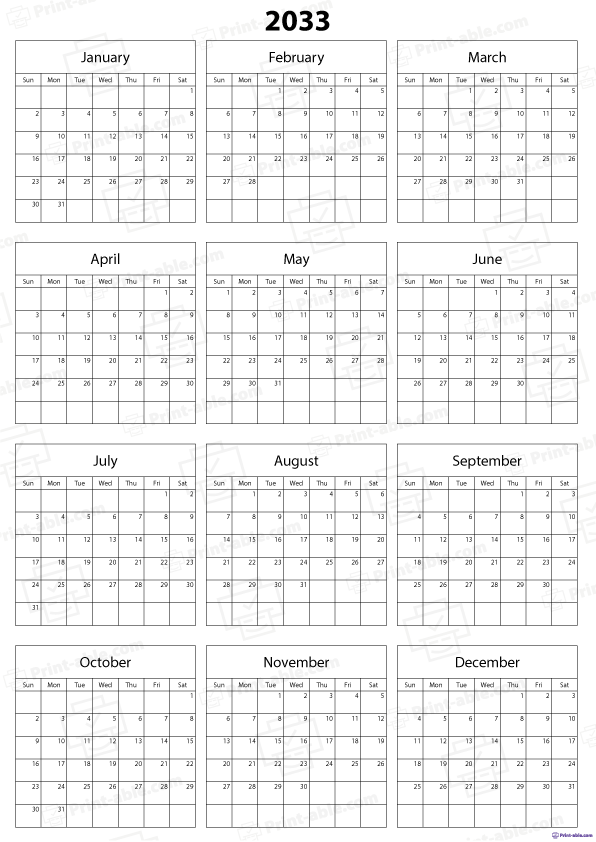 2033 Calendar Printable Free Download