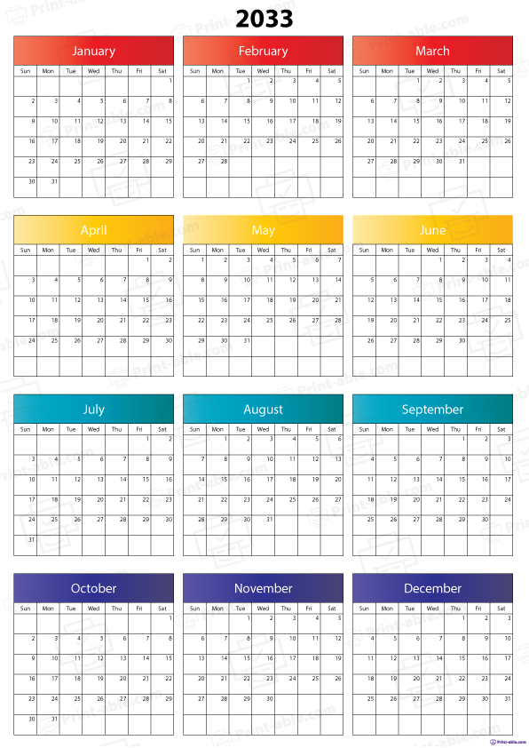 2033 Calendar Printable Free Download