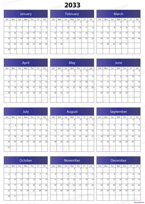 2033 Calendar Printable Free Download