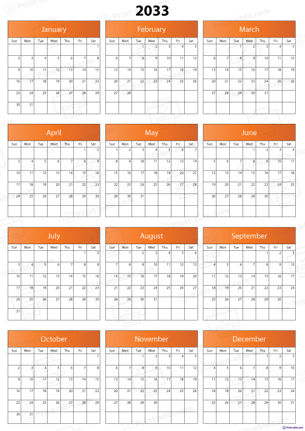 2033 Calendar Printable Free Download